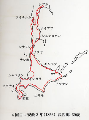 安政3年（1856年）　第4回蝦夷地調査の足跡　武四郎39歳