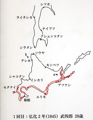 弘化2年（1845年）　第1回蝦夷地調査の足跡　武四郎28歳　北海道の地図