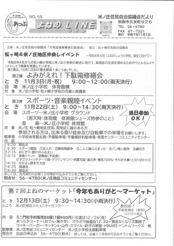 米ノ庄住民自治協議会だよりよねのLINE55号の1ページ目です。