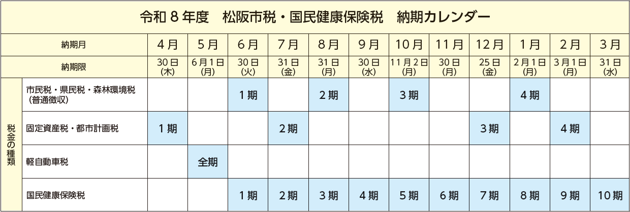 令和8年度 市税納期カレンダー